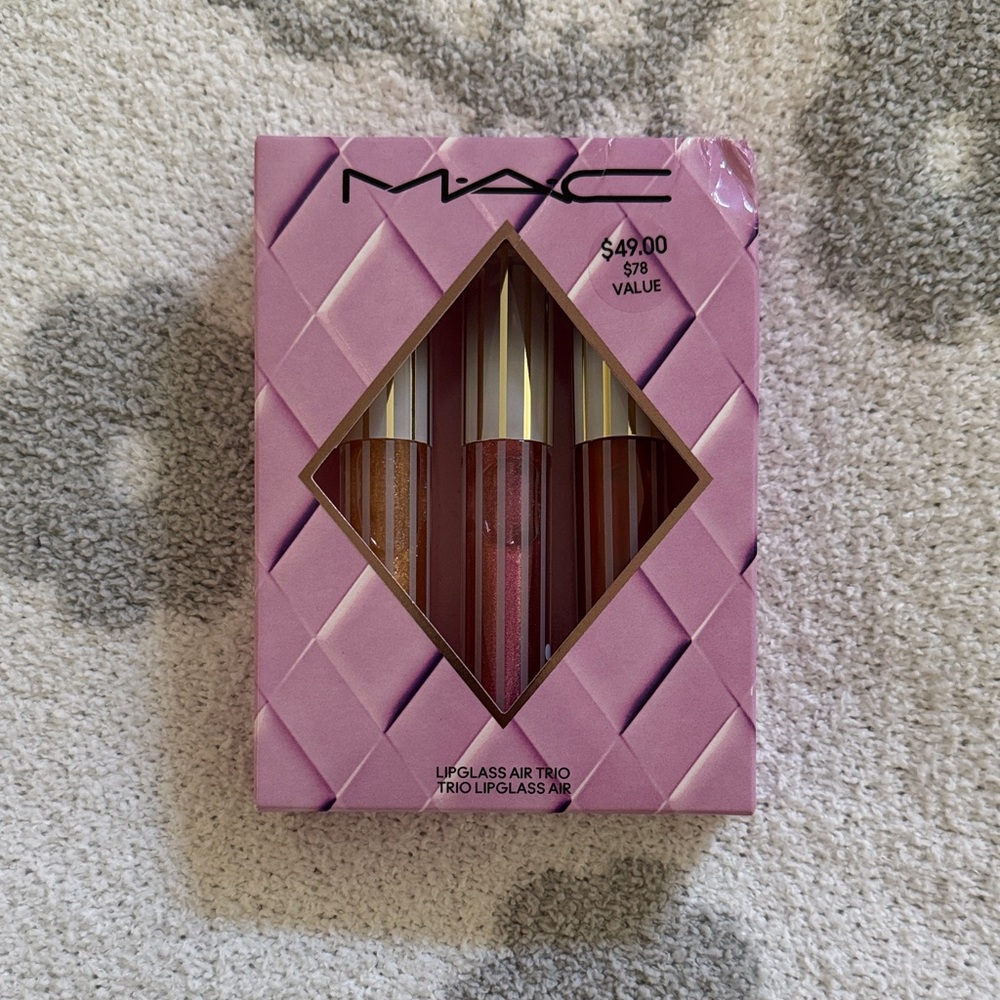 MAC Cosmetics Lipglass Trio — Pink, Rose, and Gold Gloss Set